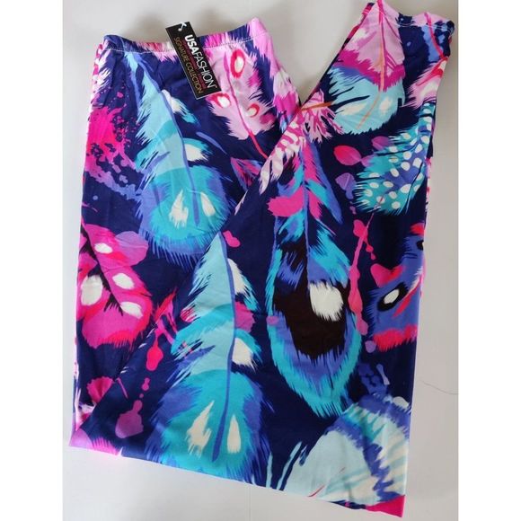 X-Plus‎ Size Womens Creamy Soft Colorful Large Feathers Brush Leggings - Picture 8 of 11